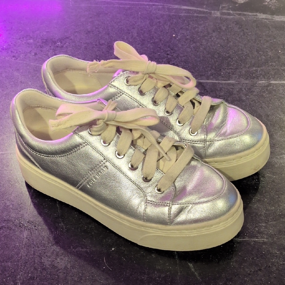 Cole Haan Metallic Silver Sneakers with Cream Laces